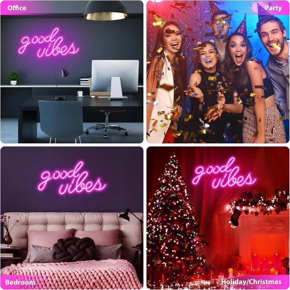 Pink Good Vibes Neon Sign Neon Lights Bedroom Led Wall Decor (16.1 X 8.3 Inch)